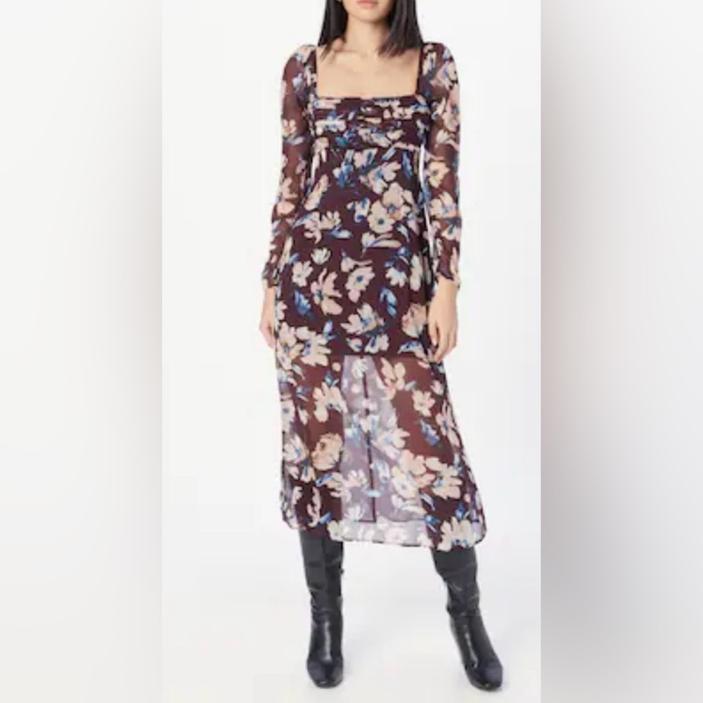Abercrombie & Fitch Brown Floral Long-Sleeve Dress with Blue and Cream Accents